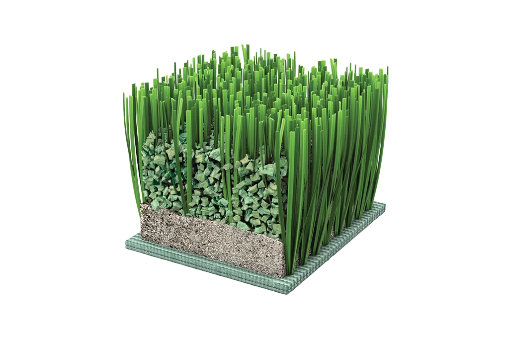 Cutaway illustration of turf fibers over a sand and infill layer