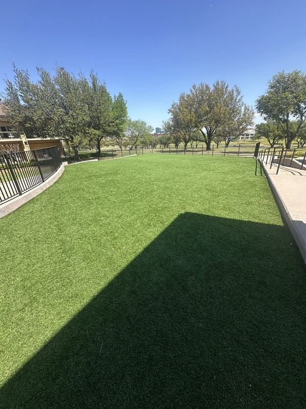 Long artificial turf lawn at a commercial property