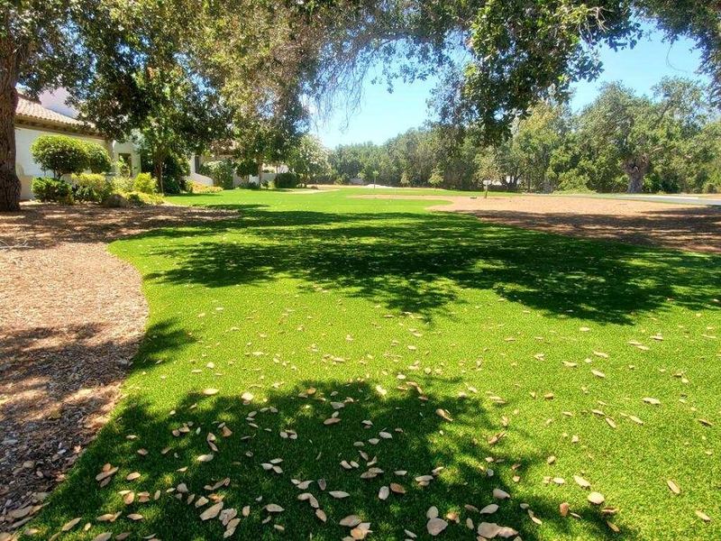 Shaded backyard with an artificial turf lawn